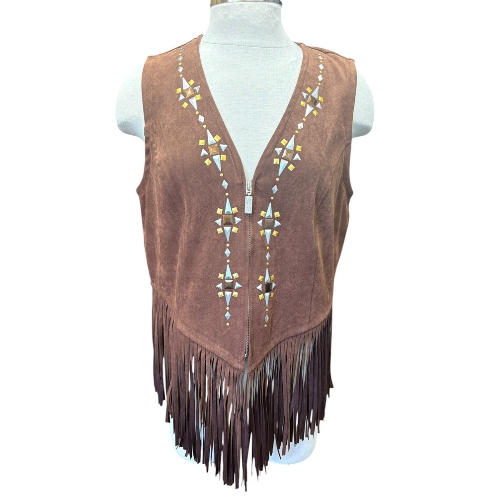 Bob Mackie Wearable Art Fringe Vest Brown Faux Suede Studded Western Boho Zip M